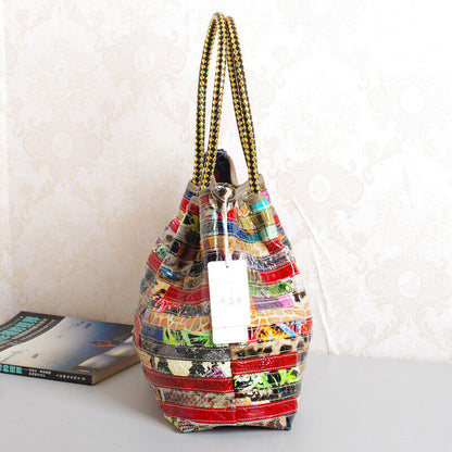 Women 100% Genuine Leather Snake Stripes Colorful Handbag Shoulder Satchel Tote