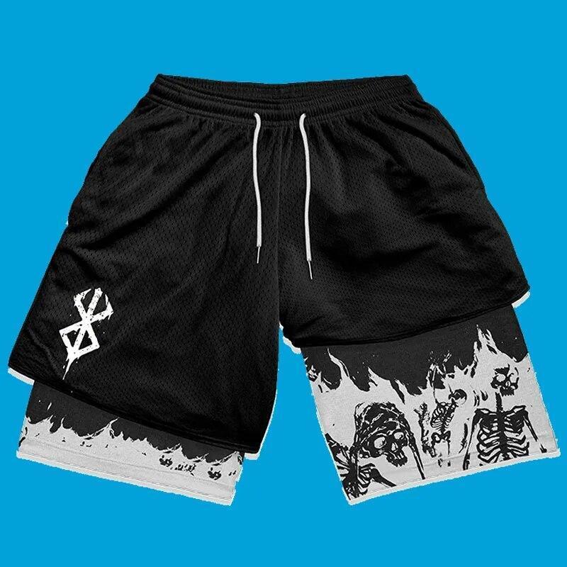 Anime Berserk 2 in 1 Gym Shorts Men Training Short Running Fitness Joggers Sport