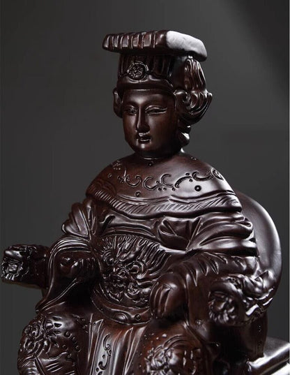 25cm,Ebony Wood MAZU Statue Carved,CHINA Taoism Matsu Sit FOLK Goddess Sea 妈祖神像