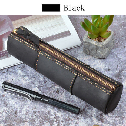 Handmade Cowhide Leather Pen Pouch Zipper Pencil Case Stationery Storage Bag