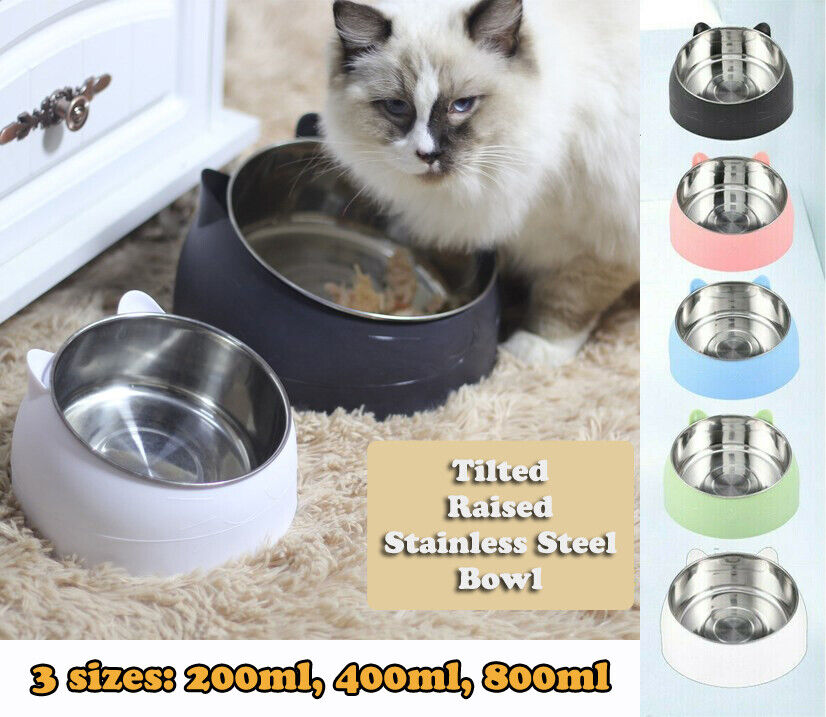 Pet Cat Elevated Stand Cat Dish Stainless Steel Tilted Raised Food Water Bowl