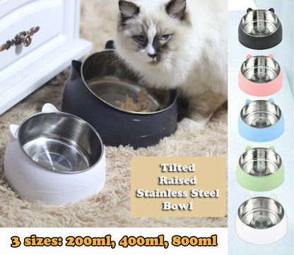 Pet Cat Elevated Stand Cat Dish Stainless Steel Tilted Raised Food Water Bowl