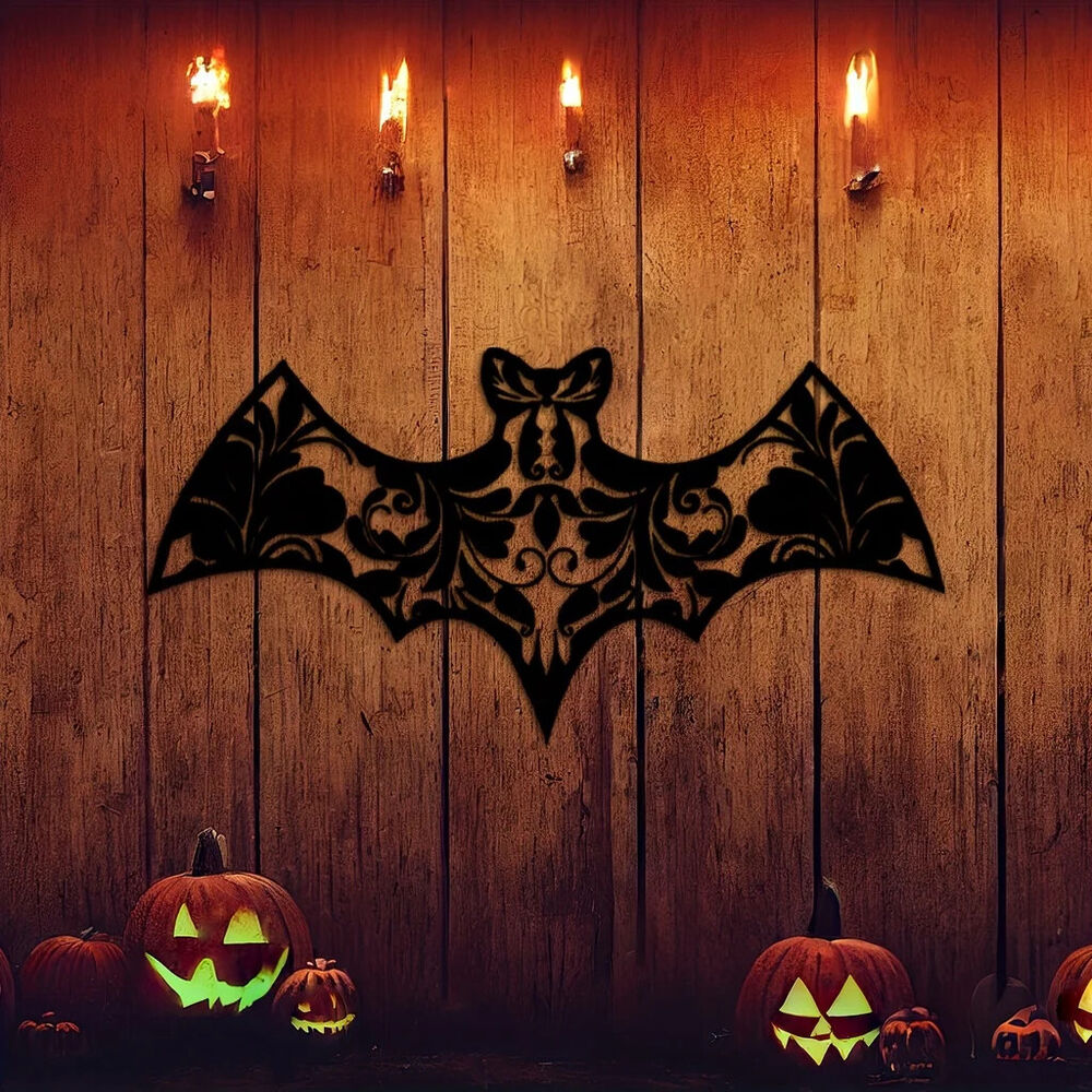 Floral Bat Metal Wall Art, Flower Black Metal Art Sign Decorations