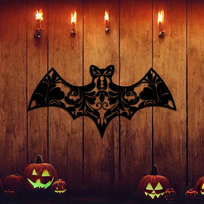 Floral Bat Metal Wall Art, Flower Black Metal Art Sign Decorations