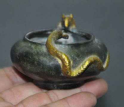 3.2"old China Temple Bronze Gilt Snake Mouse Statue Incense Animal Burner Censer