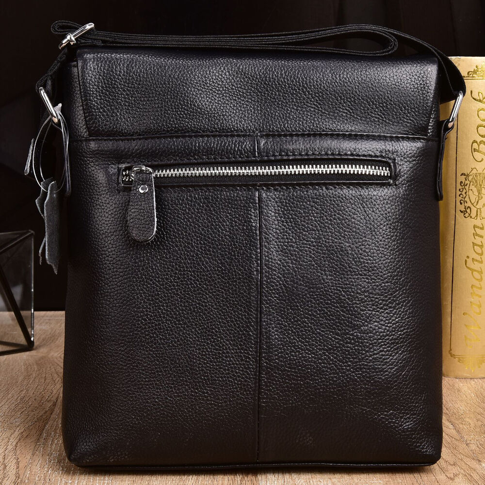 100% Genuine Leather Men's 10" Business Bags Black Sling Shoulder Messenger Bag