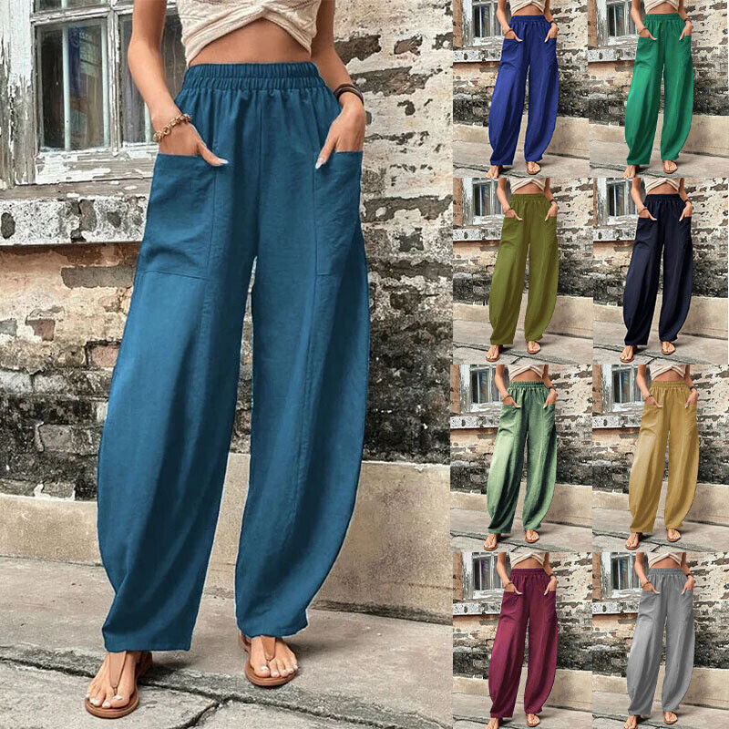 Women Summer Ice Silk Pocket Wide Leg Baggy Pants Elastic High Waist Trousers