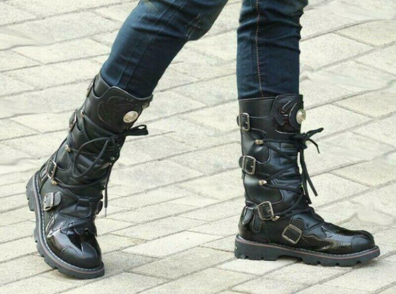 Gothic Mens Punk Lace Up Knee High Boot Military Motorcycle Black Biker Shoes