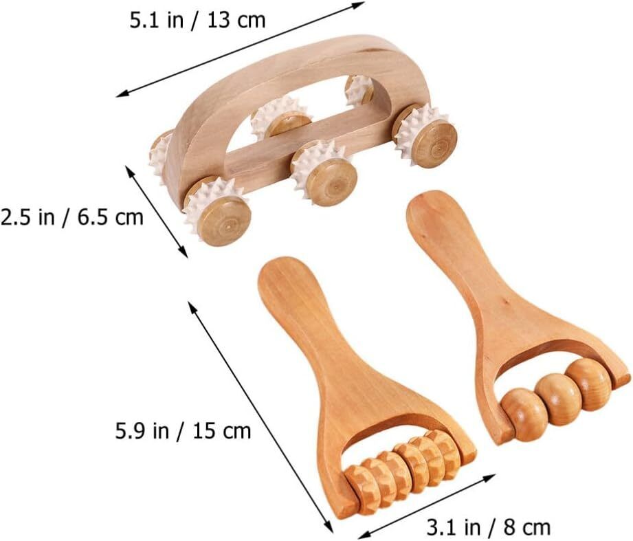 Wooden Massage Roller Manual Back Massager Handheld for Neck Leg Pain 3 Pieces