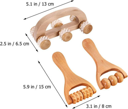 Wooden Massage Roller Manual Back Massager Handheld for Neck Leg Pain 3 Pieces