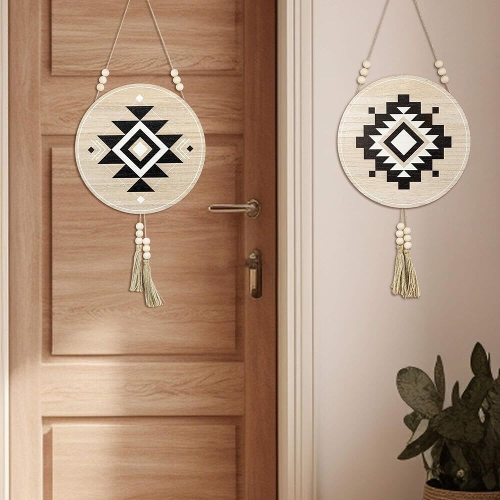 Aztec Wall Decor Round Wooden Art Pieces Home Office Decoration Gift Set of 2