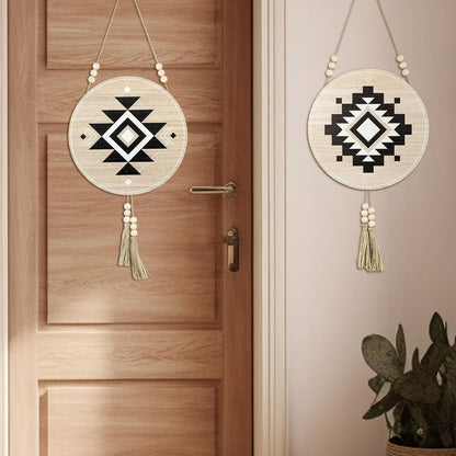 Aztec Wall Decor Round Wooden Art Pieces Home Office Decoration Gift Set of 2