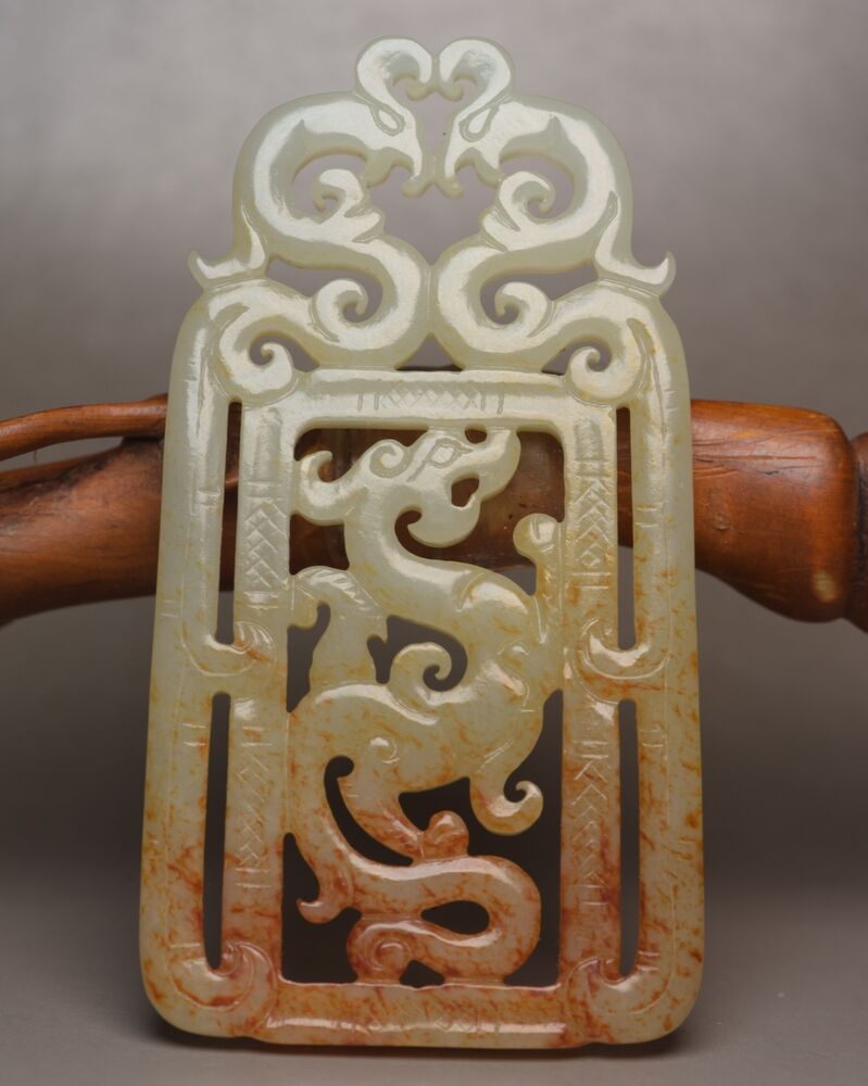 Chinese Natural Hetian Jade Carving Dragon Phoenix Statue Nice Pendant Jewelry