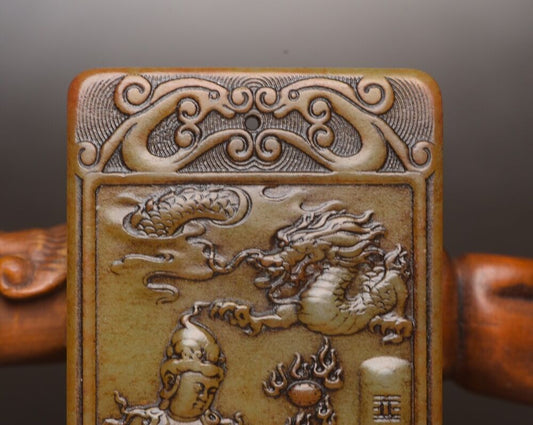 Chinese Natural Hetian Jade Carving Dragon Kwan Yin Statue Lucky Pendant Jewelry
