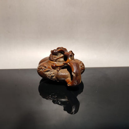 Chinese Wood Carving Deep Relief statue play mahjong Fortune pot wooden gift