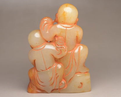Chinese Natural Hetian Jade Carving Pair Children Statue Nice Figurines Artwork
