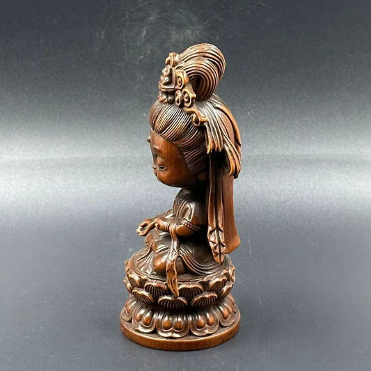 Vintage Chinese Boxwood Carving Baby Kuan Yin Statue Figurine Art Christmas Gift
