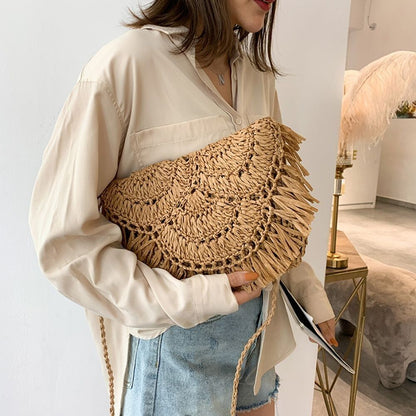 Straw Bag Woven Tassel Beach Shoulder Rattan Crossbody Purse Travel 23*17*11 CM