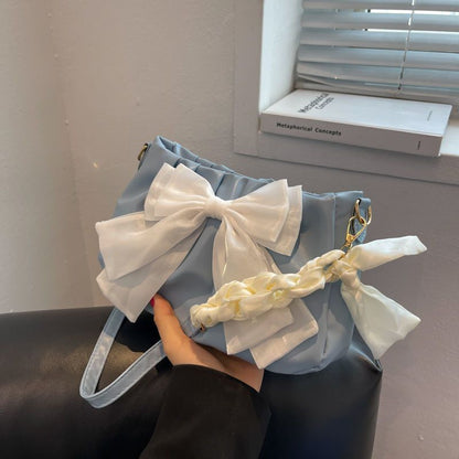 White Bow Versatile Shoulder Bag Summer Autumn Pleated Cloud Handbag 28*15*8 cm