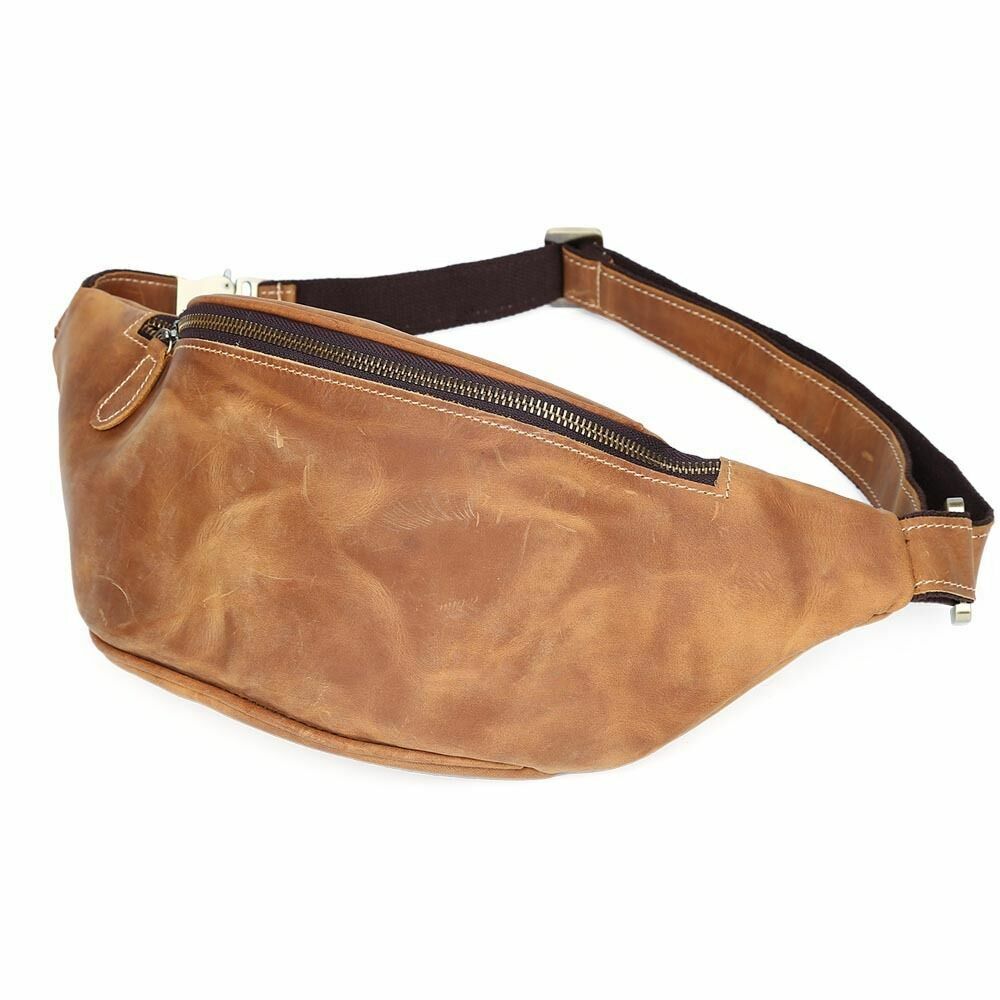 Men's Light Brown Vintage Leather Small Belt Bag Waist Belt Fanny Pack Sports