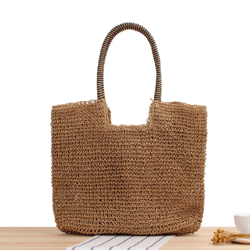 New Womens Simple Solid Tote Bag One-shoulder Straw Bag Summer Beach Bag