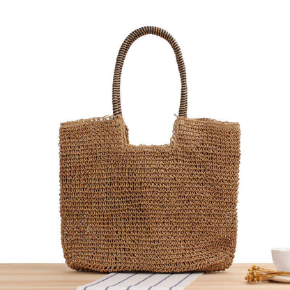 New Womens Simple Solid Tote Bag One-shoulder Straw Bag Summer Beach Bag