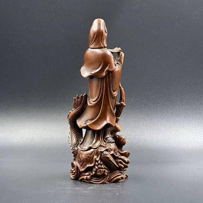 Chinese Boxwood Carving Dragon Kwan Yin Statue Sculptures Home Livingroom Decor