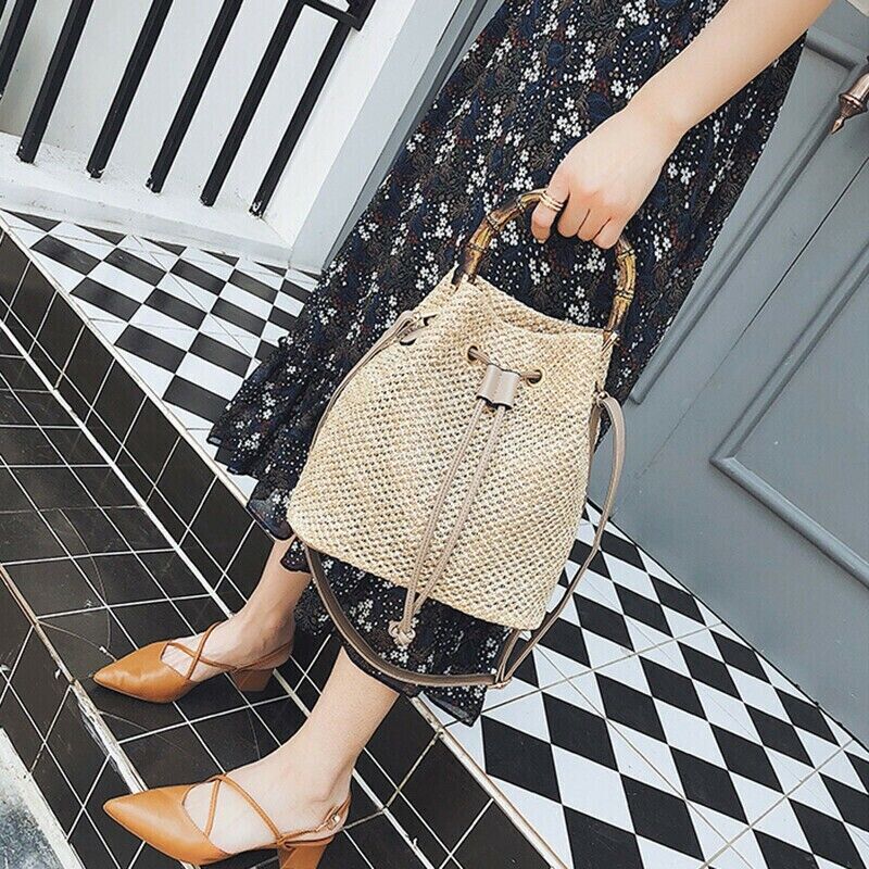 Women Ladies Handbag Vintage Straw Summer Beach Handbag Bucket Tote Shoulder Bag