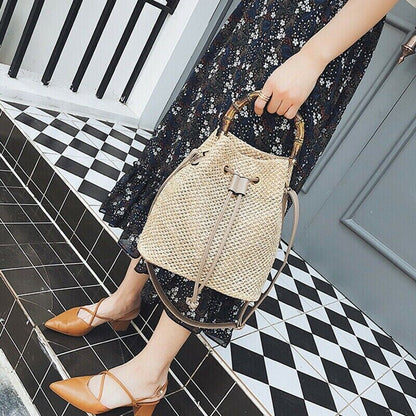Women Ladies Handbag Vintage Straw Summer Beach Handbag Bucket Tote Shoulder Bag