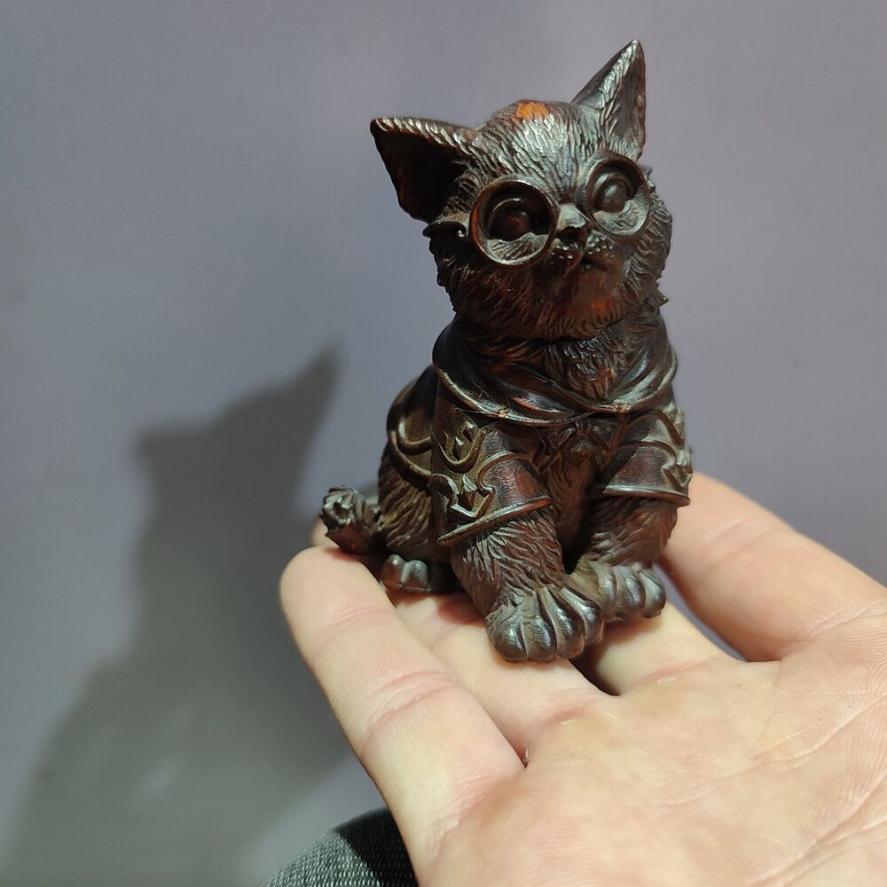Chinese Carved Sculpture Statue Wood Christmas Wooden Gift Animal Small cat pet