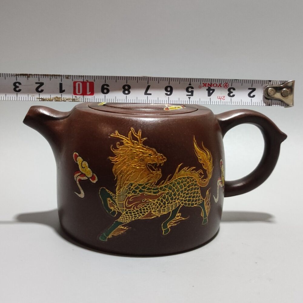 Vintage Chinese Yixing Purple Clay Teapot Zisha Ceremony Painted Kylin Teaware
