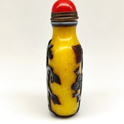 Antique Chinese Old Beijing Glaze Snuff Bottle Carved Flowers And Birds Statue