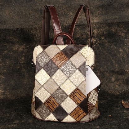 Retro Backpack Genuine Leather Shoulder Bags 12" Travel Bag Patchwork Multicolor