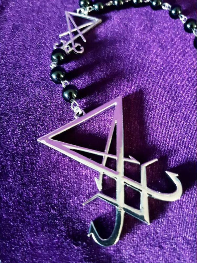 Sigil Lucifer Necklace Small Red Black Agate Satan Baphomet Glass Crystal Beads
