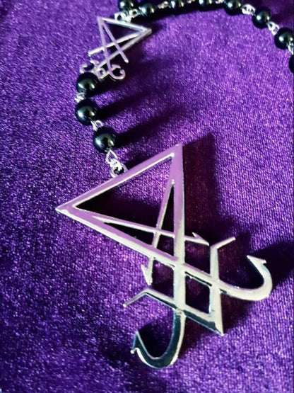 Sigil Lucifer Necklace Small Red Black Agate Satan Baphomet Glass Crystal Beads