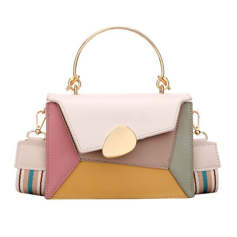 Contrast PU Leather Shoulder Messenger Bag Handle Strap Portable Bag