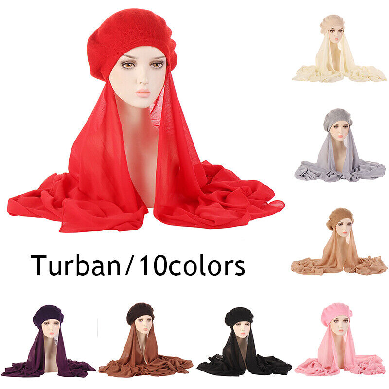 Womens Beret Hat Chiffon Scarf Instant Hijab Shawls Wrap Headsacrf Bandana Caps↖