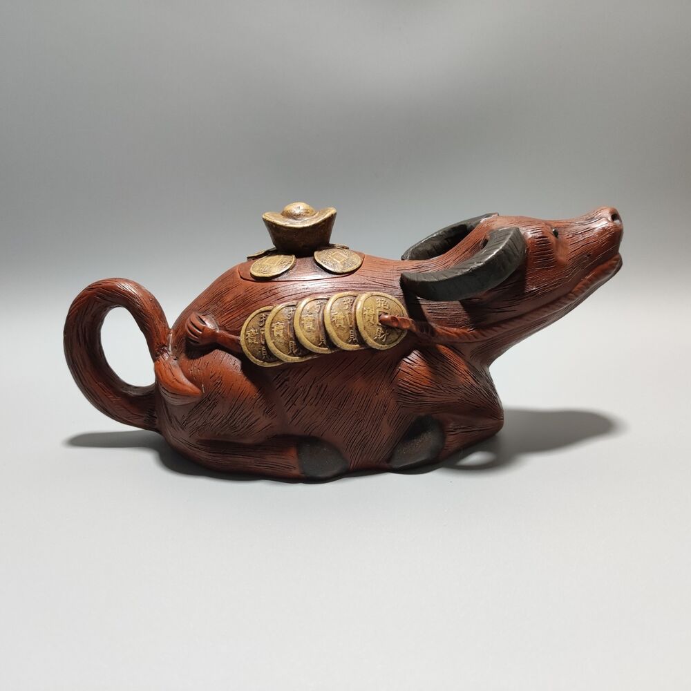 Vintage Chinese Yixing Purple Clay Teapot Zisha Ceramic Carving Cattle Teaware