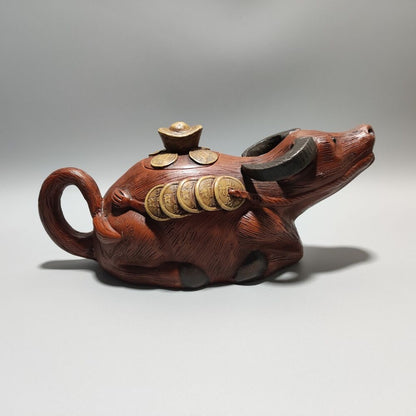 Vintage Chinese Yixing Purple Clay Teapot Zisha Ceramic Carving Cattle Teaware