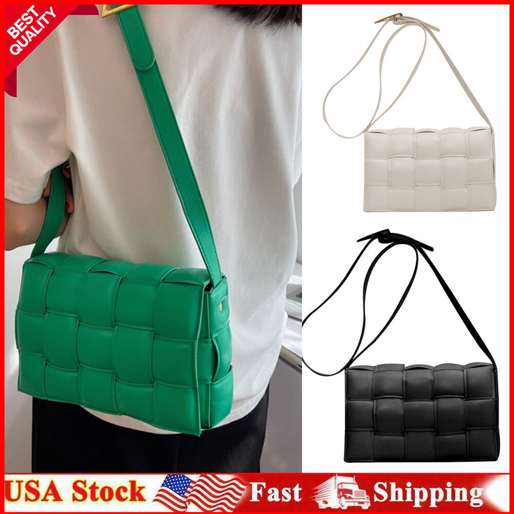 Woven Crossbody Bags for Women Padded Cassette Shoulder Bag Green PU Clutch