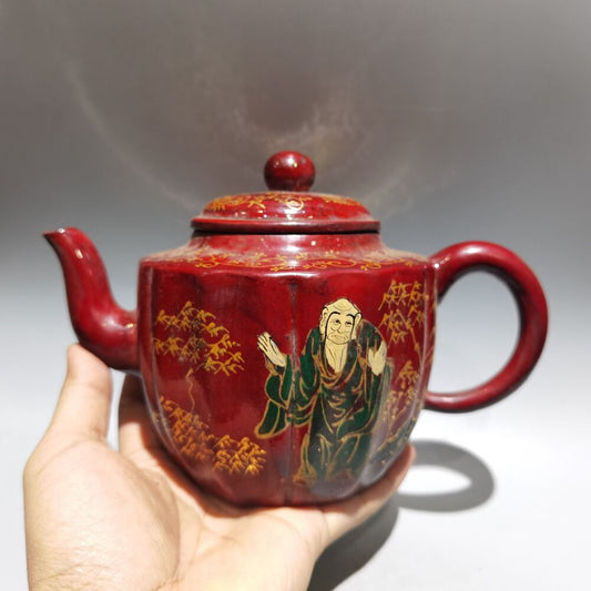 Vintage Chinese Yixing Purple Clay Teapot Zisha Ceremony Enamel Figure Teaware