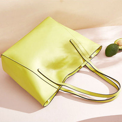 100% Genuine Leather Women's Yellow Large Capacity Handbags Elegant Satchel Tote