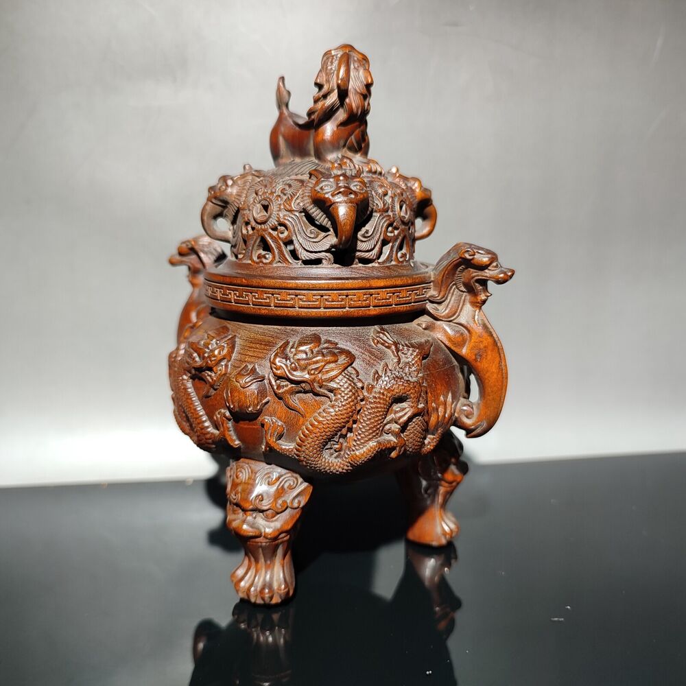 vintage Boxwood Tripod Censer incense holder dragon statue Essential oil incense