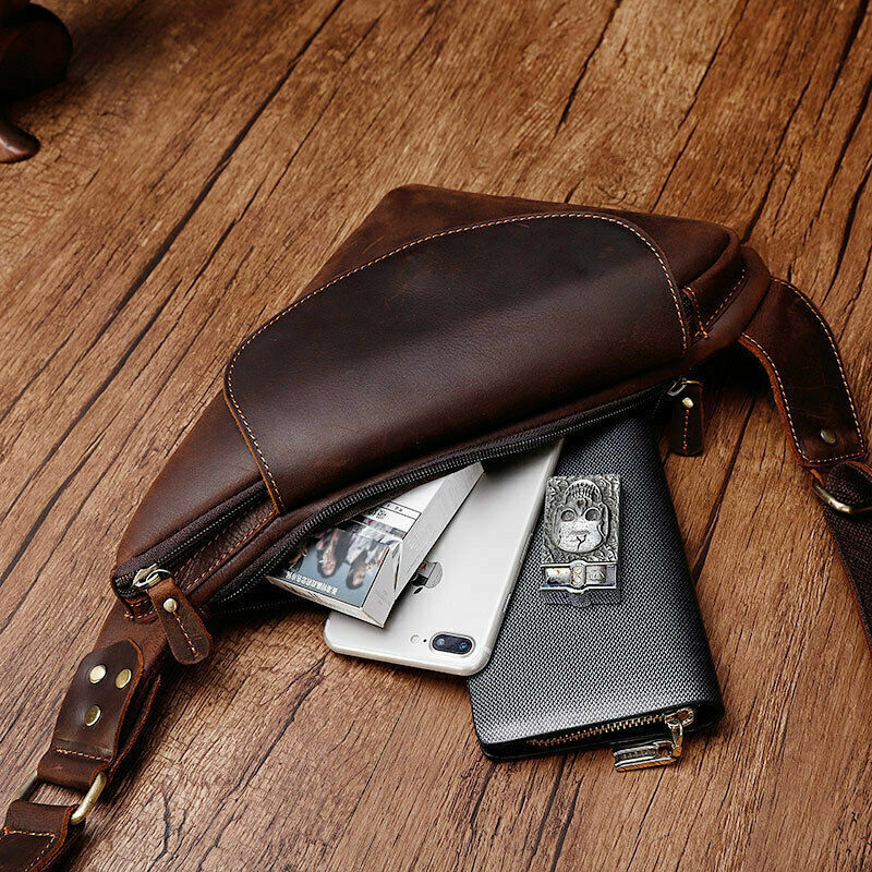 Crazy Horse Leather Men's Sling Crossbody Chest Bag Shoulder BagTriangle Daypack