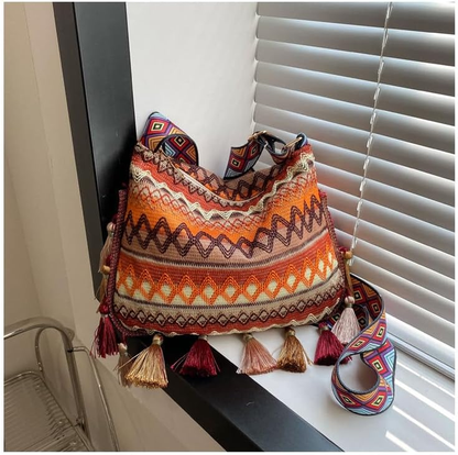 Retro Cross Body Bag Ethnic Tassel Shoulder Bag Large Capacity Tote for Women