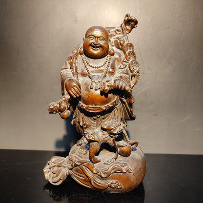 Boxwood carving wooden laughing buddha Amitabha monk statue home decor figurines