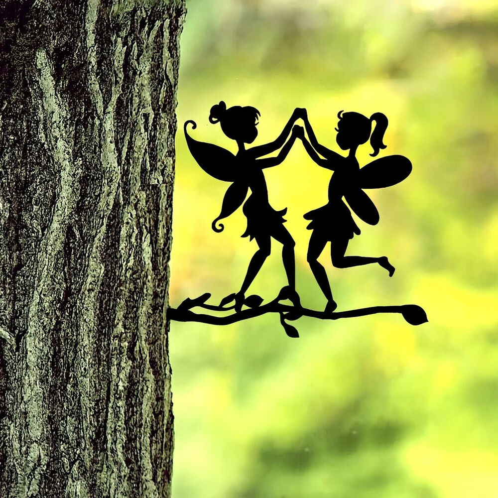 Garden with Two Elves On Branch Steel Silhouette Metal Wall Art