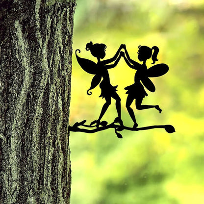 Garden with Two Elves On Branch Steel Silhouette Metal Wall Art