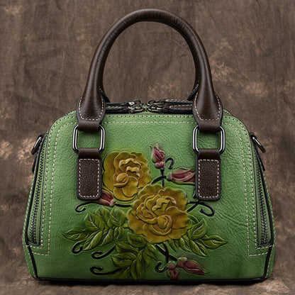 Women's Genuine Leather Handbags Embossed Flower Butterfly Shoulder Shell Bags