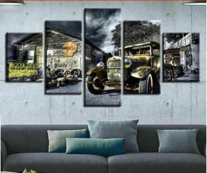Old Hot Rod Car Barn Farm 5 Panel Canvas Print Poster Wall Art Home Decor